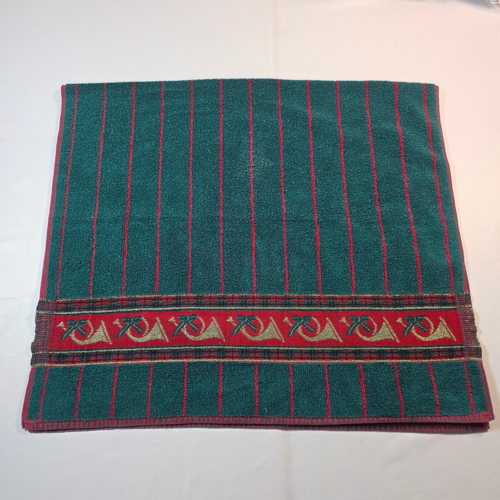 Vintage Fieldcrest Christmas Bath Towels Set 2 Green Red Gold French Horn Bows